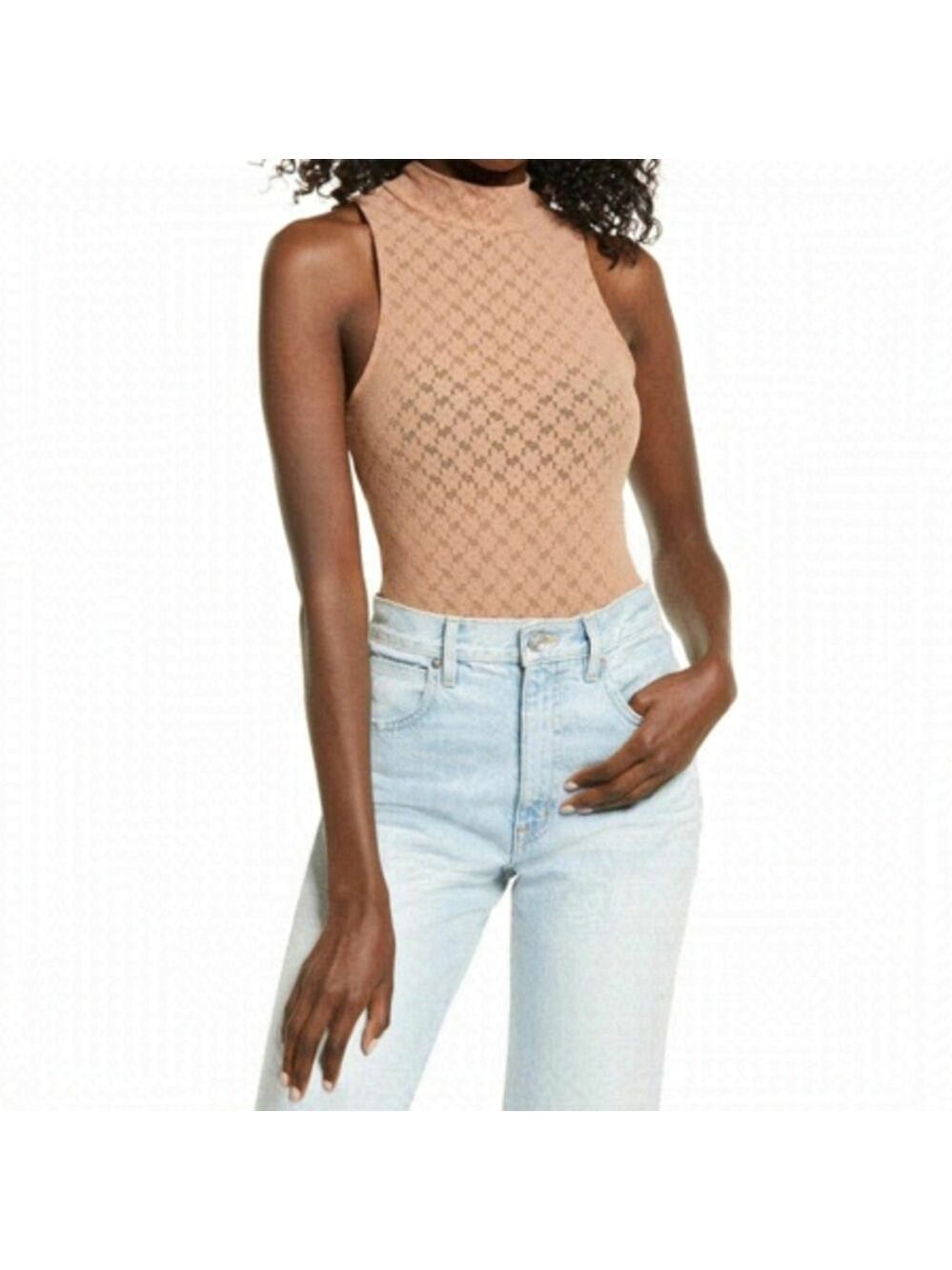 New Nordstrom Open Edit | Mock Neck Lace Bodysuit In Tan Mocha